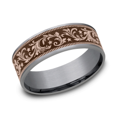 14k Rose Gold and Grey Tantalum 7.5mm Barrell Script and Stars Comfort Fit Wedding Band 1