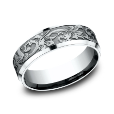14k White Gold 7mm Scrollwork Lightweight Comfort Fit Wedding Band 1