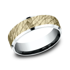 14k Yellow Gold and White Gold 7mm Hammered Pebble Lightweight Comfort Fit Wedding Band 1
