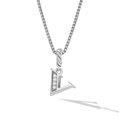 David Yurman Pave Initial Pendant Necklace in Sterling Silver with Diamond V 1