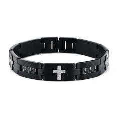Men's 1/4ctw Diamond Cross Carbon Fiber and Black Ion-Plated Stainless Steel Link Bracelet 1