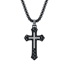 Men's 1/10ctw Diamond Carbon Fiber Cross Black Ion-Plated Stainless Steel Pendant Necklace 1