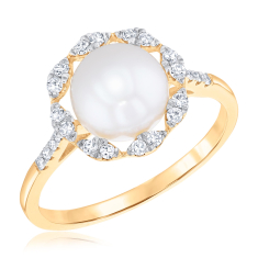Downton Abbey Lady Edith - Freshwater Cultured Pearl and 1/5ctw Diamond Yellow Gold Ring 1