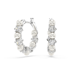 Swarovski Crystal Matrix Crystal Pearl and Cubic Zirconia Rhodium-Plated Hoop Earrings 1