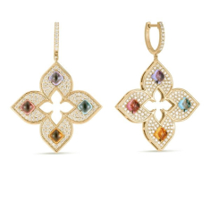 Roberto Coin Venetian Princess Carnival 1 7/8ctw Diamond Blue Topaz, Citrine, Rubellite, and Tanzanite Large Open Flower 18k Yellow Gold Drop Earrings 1