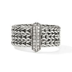 John Hardy Icon 1/5ct Diamond Link Bar Ring - Size 7 1