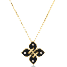 Roberto Coin Love in Verona Diamond Small Black Ceramic Enamel Flower 18k Yellow Gold Pendant Necklace 1