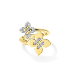 Roberto Coin Love in Verona 1/7ctw Diamond and 18k Yellow Gold Polished Finish Double Flower Ring - Size 6.5 1