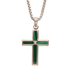 INOX Malachite Inlay and Created White Sapphire Stainless Steel Cross Pendant Necklace 1