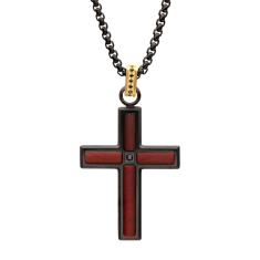 INOX Black Spinel and Sandalwood Inlay Black Ion-Plated Stainless Steel Cross Pendant Necklace 1