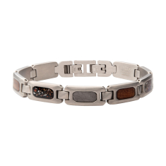 INOX Dinosaur Bone, Whiskey Wood, and Meteorite Inlay Stainless Steel Link Bracelet 1