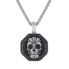 Men's 3/4ctw Black Diamond Sterling Silver Skull Octagon Pendant Necklace 1