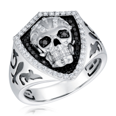 Men's 1/2ctw Black Diamond and Diamond Sterling Silver Skull Ring 1