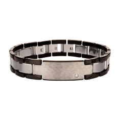 INOX Created White Sapphire Tungsten Carbide and Black Ion-Plated Hammered ID Link Bracelet 1
