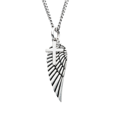 INOX Oxidized Sterling Silver Wing and Cross Duo Pendant Necklace 1