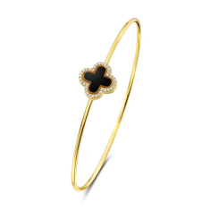 Bassali Black Agate Clover and 1/10ctw Diamond 14k Yellow Gold Bangle Bracelet 1