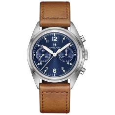 Hamilton Khaki Aviation Pilot Pioneer Mechanical Chrono Blue Dial Brown Leather Strap Watch 40mm - H76409540 1