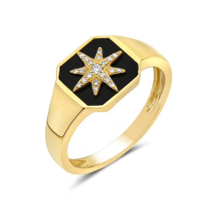 Bassali Black Agate and 1/15ctw Diamond 14k Yellow Gold Signet Ring 1