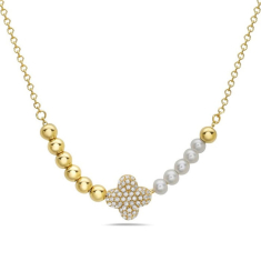 Bassali Freshwater Cultured Pearl and 1/8ctw Diamond 14k Yellow Gold Clover Necklace 1