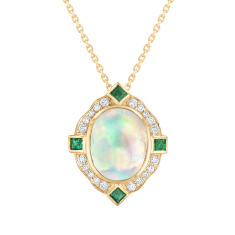 Oval Opal, Emerald, and 1/5ctw Diamond 14k Yellow Gold Pendant Necklace - Watercolor Collection 1