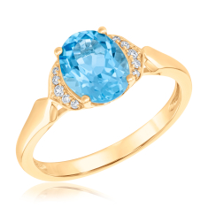 Oval Swiss Blue Topaz and 1/20ctw Diamond 14k Yellow Gold Ring - Watercolor Collection 1