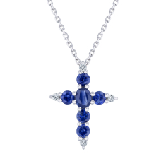 Blue Sapphire and 1/20ctw Diamond 14k White Gold Cross Pendant Necklace - Watercolor Collection 1