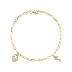Shy Creation 1/10ctw Diamond 14k Yellow Gold Heart Lock and Key Paperclip Link Bracelet 1