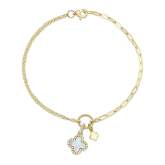Shy Creation Mother-of-Pearl Clover and 1/8ctw Diamond 14k Yellow Gold Bracelet 1