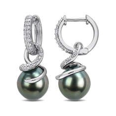 Cultured Tahitian Pearl and 1/10ctw Diamond Sterling Silver Earrings 1