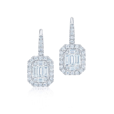 Kwiat Sunburst 7/8ctw Emerald Diamond 18k White Gold Halo Drop Earrings 1