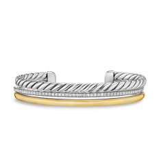 David Yurman DY Mercer Three Row Cuff Bracelet in Sterling Silver with 18K Yellow Gold and Diamonds, 10mm 1