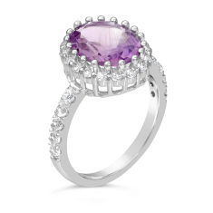 Oval Amethyst and White Topaz Halo Sterling Silver Ring 1