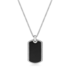 Men's Black Agate Sterling Silver Dog Tag Pendant Necklace 1