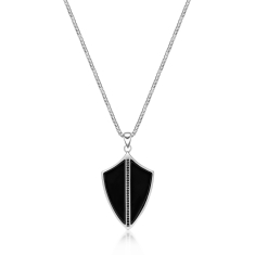Men's Black Agate and Black Spinel Shield Sterling Silver Pendant Necklace 1