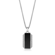 Men's Black Onyx Sterling Silver Dog Tag Pendant Necklace 1