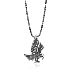 Men's Black Spinel Flying Eagle Oxidized Sterling Silver Pendant Necklace 1