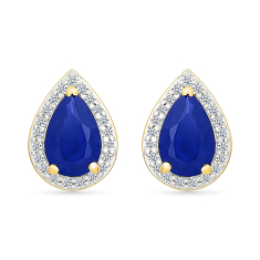Created Blue Sapphire and 1/8ctw Diamond Halo 10k Yellow Gold Stud Earrings 1