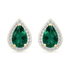 Created Emerald and 1/8ctw Diamond 10k Yellow Gold Halo Stud Earrings 1