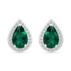 Created Emerald and Created White Sapphire Halo Sterling Silver Stud Earrings 1