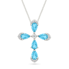 Blue Topaz and Created White Sapphire Cross Sterling Silver Pendant Necklace 1