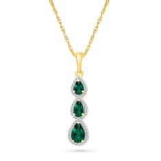 Created Emerald and 1/6ctw Diamond 10k Yellow Gold Three-Stone Pendant Necklace 1