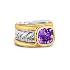 David Yurman DY Mercer Four Row Stone Ring in Sterling Silver with 18K Yellow Gold, Amethyst and Diamonds, 14mm 1