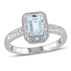 Emerald-Cut Aquamarine and 1/20ctw Diamond Halo Sterling Silver Ring 1
