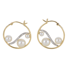 Freshwater Cultured Pearl and 1/8ctw Diamond Yellow Gold Hoop Earrings 1