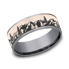 Grey Tantalum and 14k Rose Gold 7.5mm Mountain Scene Comfort Fit Wedding Band 1