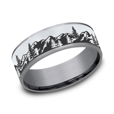 Grey Tantalum and 14k White Gold 7.5mm Mountain Scene Comfort Fit Wedding Band 1