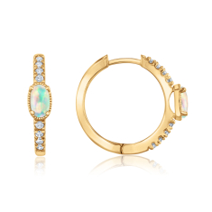 Opal and 1/6ctw Diamond Yellow Gold Huggie Hoop Earrings 1