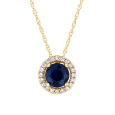Round Blue Sapphire and Diamond Halo Yellow Gold Pendant Necklace - Watercolor Collection 1