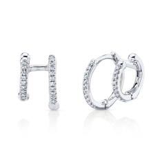 Shy Creation 1/8ctw Round Diamond White Gold Double Huggie Hoop Earrings 1
