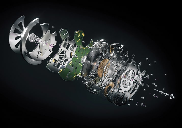 Accutron Reborn Electrostatic Movement Technology Exploded view rendering of Accutron electrostatic movement components